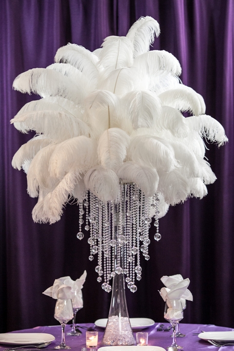 Ostrich-Feather-Centerpiece-Rental-on-Balldrop-Chandelier-and-Trunk-Vase