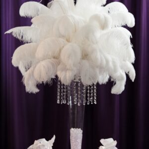 Ostrich-Feather-Centerpiece-Rental-on-Single-Tier-Chandelier-and-Pilsner-Vase