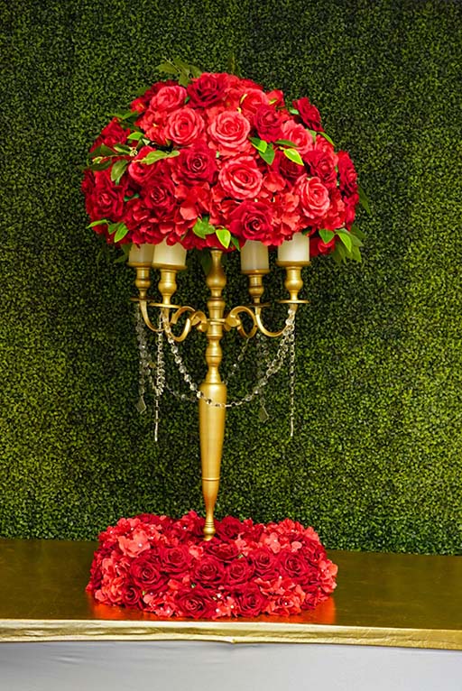 Red-Hydrangea-and-rose-on-Gold-Candelabra-with-hanging-crystal-chain-and-Red-floral-wreath-Centerpiece-Amore-Decor-Rental-77