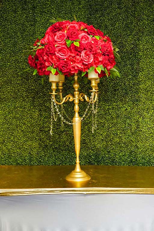 Red-Hydrangea-and-rose-with-greenery-on-Gold-candelabra-with-hanging-crystal-chain-Centerpiece-Amore-Decor-Rental-67