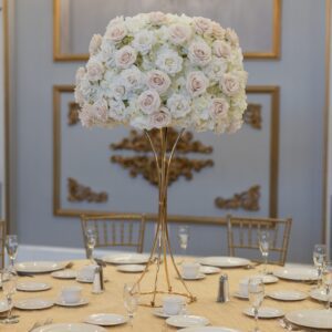 White Hydrangea with White and Beige Roses on Gold Hourglass Stand