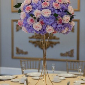 Lavender Hydrangea and pink Roses on Gold Hourglass Stand