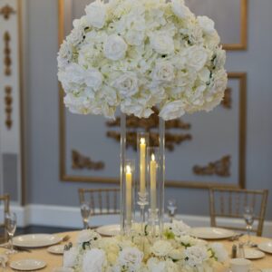 White Hydrangea and rose on Clear Harlow Stand with Taper Candle Holders & Wreath