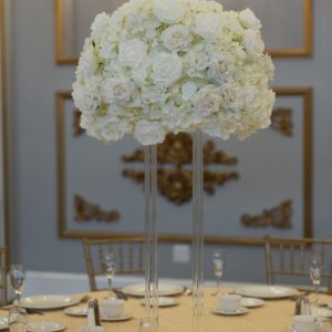White Hydrangea and rose on Clear Harlow Stand