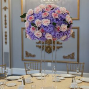 Lavender Hydrangea and Rose with Blush and Greenery on Clear Harlow Stand