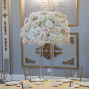 White Hydrangea with White and Beige Rose on Clear Harlow Stand