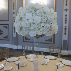 White Hydrangea and rose on Pilsner Vase