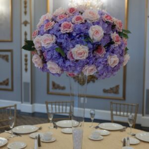 Lavender Hydrangea and Pink Roses on Pilsner Vase