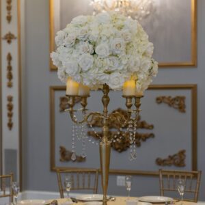White Hydrangea and rose on Gold Candelabra