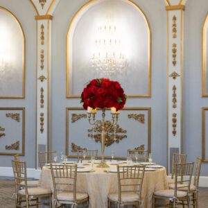 Red Hydrangea and Rose on Gold Candelabra