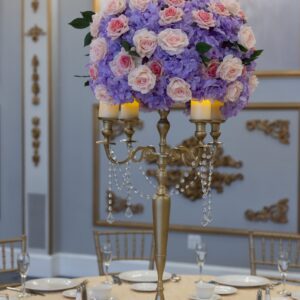 Lavender Hydrangea and Pink Roses on Gold Candelabra