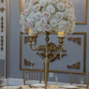 White Hydrangea with white and beige Rose on Gold Candelabra