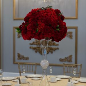 Red Hydrangea and Rose on Hourglass Vase
