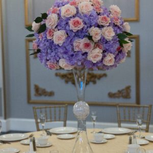 Lavender Hydrangea and Pink Roses on Hourglass Vase