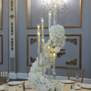 Ghost Spiral Candelabra with Hydrangea and Rose Garland