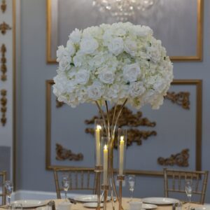 White Hydrangea and rose On Gold Hourglass Stand & Gold Taper Candle Holders