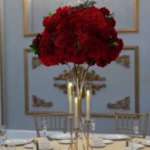 Red Hydrangea and Rose on Gold Hourglass Stand with Gold Taper Candle