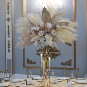 Pampas Grass on Gold Hourglass Stand with Taper Candle Holders
