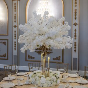 Timeless on Gold Hourglass Stand with Gold Taper Candle Holders and Wreath