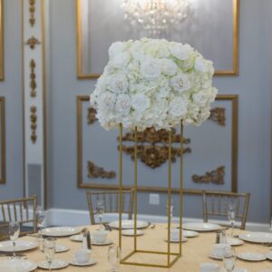 White Hydrangea and rose on Gold Harlow Stand
