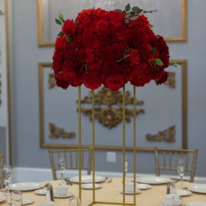 Red Hydrangea and Rose on Gold Harlow Stand
