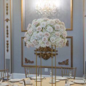 White Hydrangea and Roses with Beige accents on Gold Harlow Stand