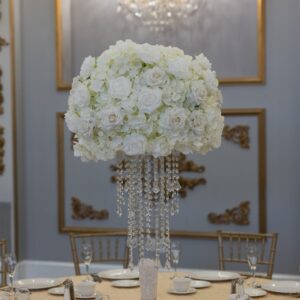 White Hydrangea and Rose on Pilsner Vase with Princess Chandelier
