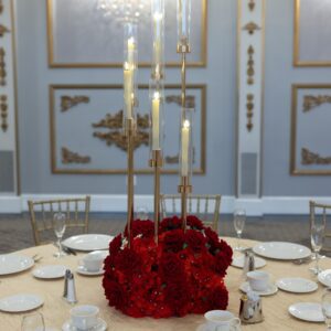 Gold Spiral Candelabra with red Hydrangea and rose arrangement