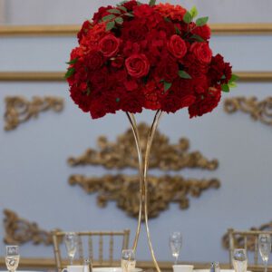 Red Hydrangea and Rose on Gold Hourglass Stand