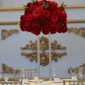 Red Hydrangea and Rose on Clear Harlow Stand
