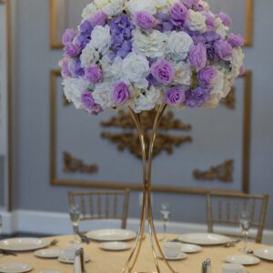 White Hydrangea and White and Lavender roses on Gold Hourglass stand