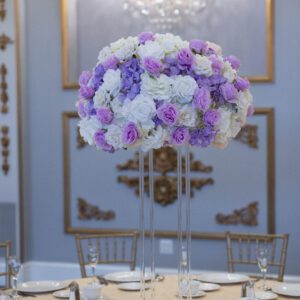 White Hydrangea and White and Lavender roses on Clear Harlow Stand