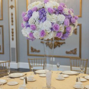 White Hydrangea and White and Lavender roses on Pilsner Vase