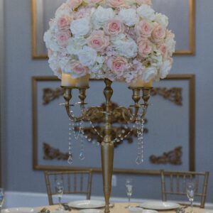 White Hydrangea with white and blush roses on Gold Candelabra