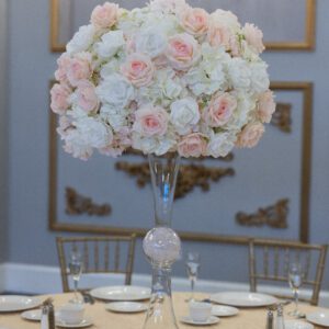 White Hydrangea with white and blush roses on Hourglass Vase