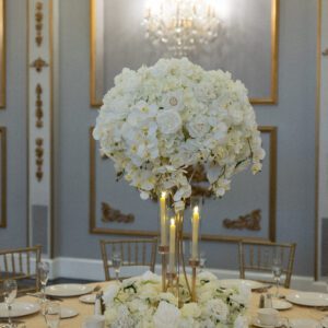 Cascade On Gold Hourglass Stand with Gold Taper Candle Holders and Wreath