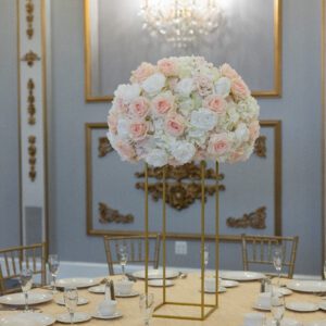 White Hydrangea with white and blush roses on gold Harlow stand