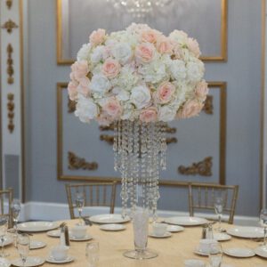 White Hydrangea with white and blush roses on Pilsner with Princess Chandlier