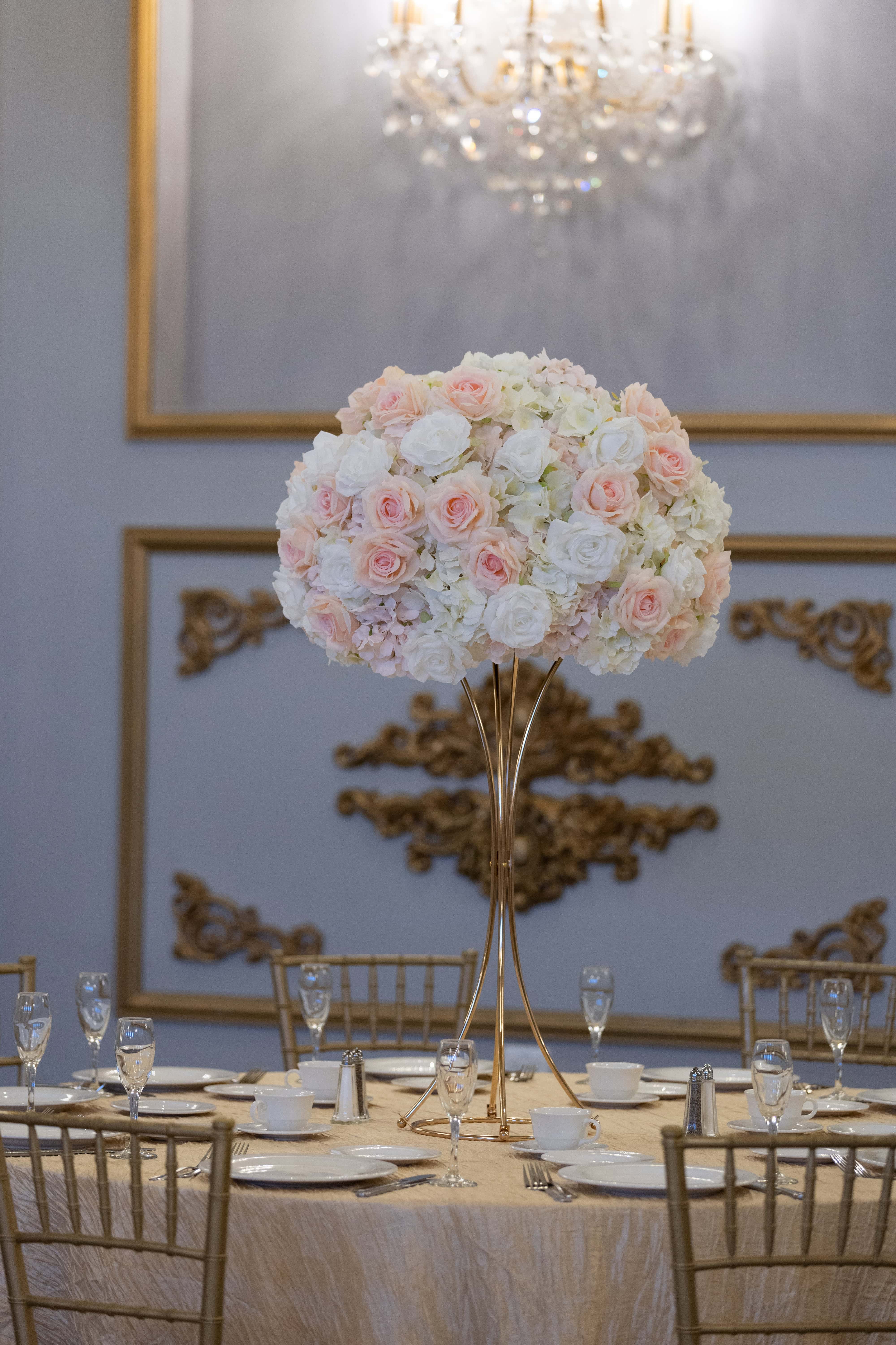 Luxurious floral centerpiece for wedding or event décor at Amore Decor Rental.