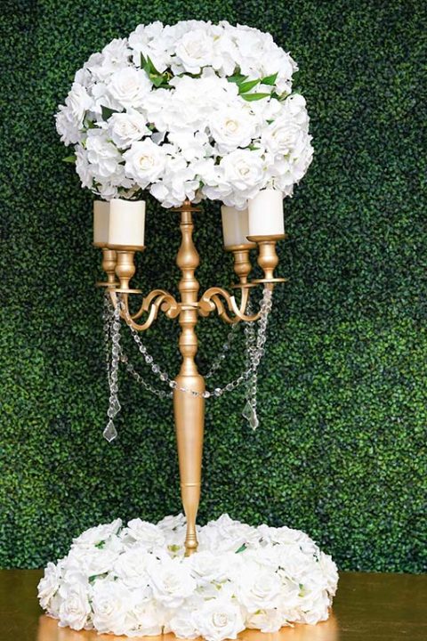 Hydrangea-and-rose-with-greenery-on-Gold-candelabra-with-floral-wreath-and-crystal-chains-Centerpiece-Amore-Decor-Rental-72